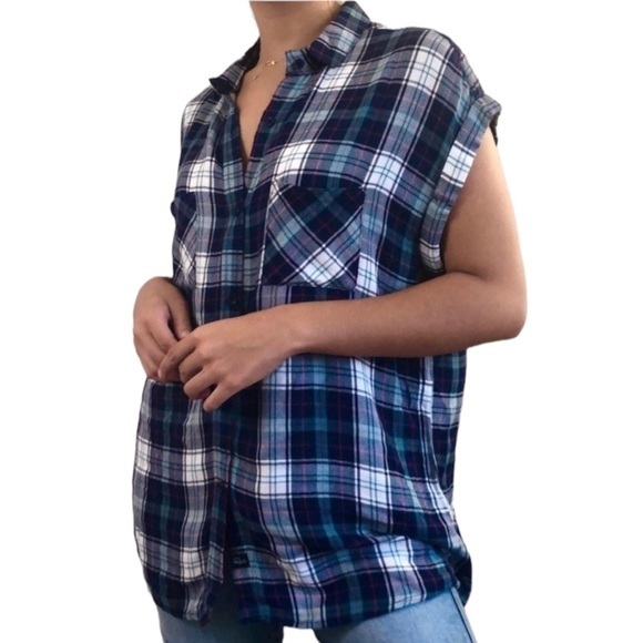 Rails Britt Short Sleeve Button Up Plaid Shirt Blue Green XS - Picture 1 of 7